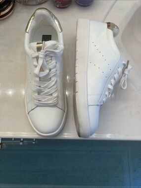 White House Black Market White Sneakers with Gold and Leopard Heel Accent